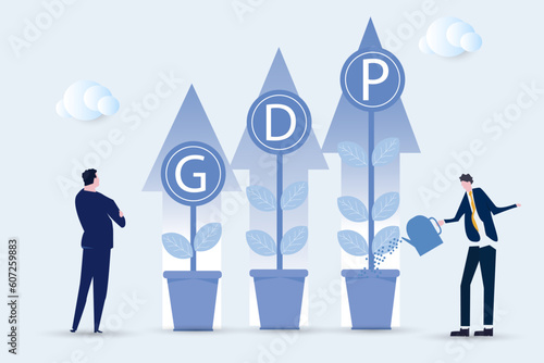 GDP or gross domestic product per capita.Businessman Watering plants arrow.Financial value.vector illustration.