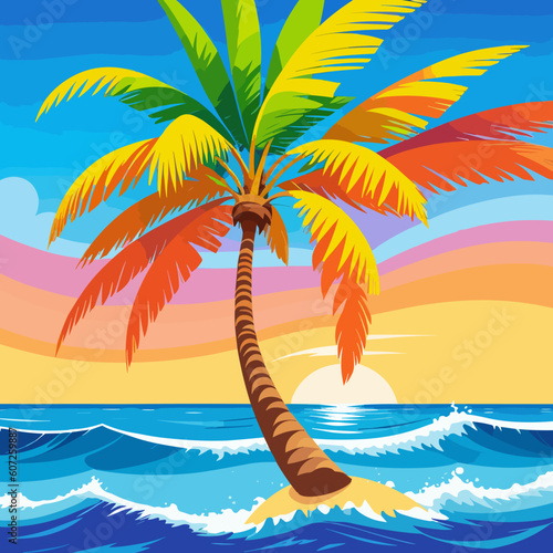 A palm tree on the beach.