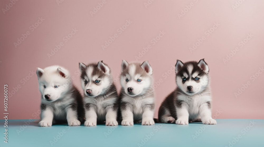 Cute excited Siberian Husky puppies on a minimalistic background. Generative AI Cute excited Siberian Husky puppies on a minimalistic background. Generative AI