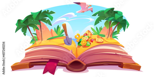 Adventure story kid fairy tale open book with gold treasure to search with shovel fantasy vector illustration. Cartoon fairytale picture about ocean exploration, island and travel legend isolated.