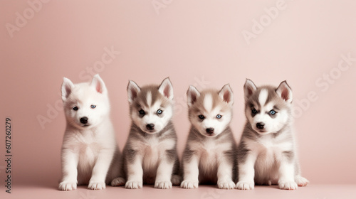 Cute excited Siberian Husky puppies on a minimalistic background. Generative AI