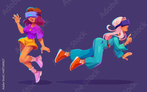 Metaverse game tech vector for girl character. Vr and p2e future gamer technology with glasses concept. Abstract virtual reality icon with woman play online cartoon isolated illustration.