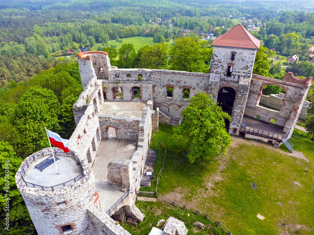 Aerial view landscape Poland, Tenczyn castle in Rudno. Drone photo, park, forest, ruins.