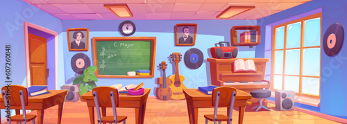 Music school kid classroom for play piano and guitar lesson cartoon vector illustration. Nobody in pianist class to learn musician instrument for child. Pupil art education for festival performance