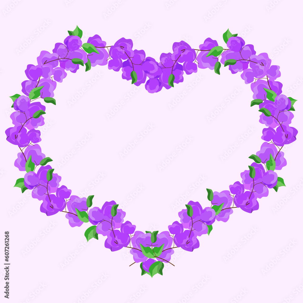 Heart of violet bougainvillea flowers on light background. Floral frame with copy space. Vector illustration.