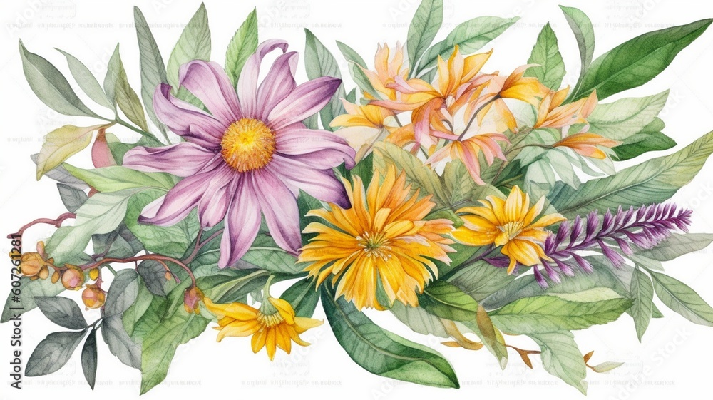 Obraz premium watercolor botanical illustration violet and yellow Generative AI
