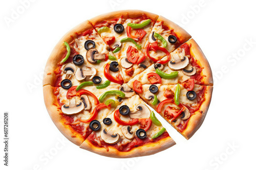 Vegetarian Pizza Bursting with Fresh Ingredients, Including Champignon Mushrooms, Tomatoes, Mozzarella, Peppers, and Black Olives, on a White Background. created with Generative AI