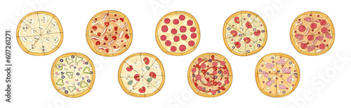Traditional Italian Pizza of Round Shape Above View Vector Set