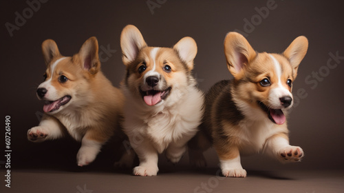Few cute excited corgi puppies on a minimalistic background. Generative AI