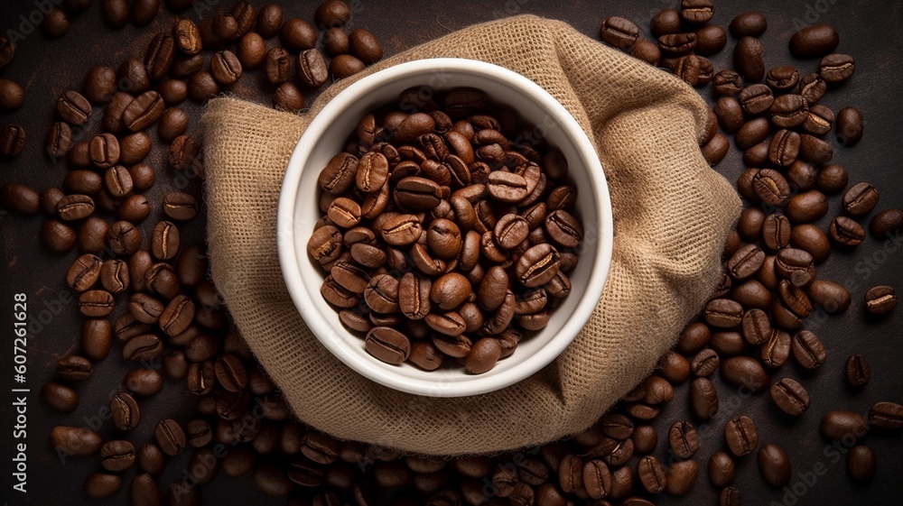 Fototapeta premium Top view of Cup of coffee and coffee beans Generative AI