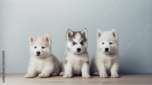Cute excited Siberian Husky puppies on a minimalistic background. Generative AI