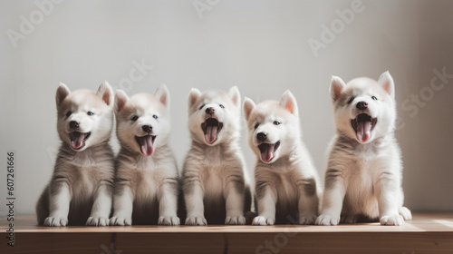 Cute excited Siberian Husky puppies on a minimalistic background. Generative AI © Анастасия Каргаполов