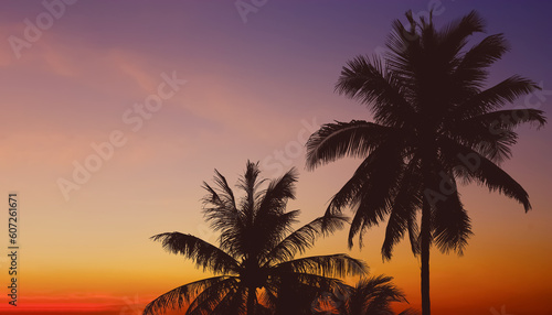 Silhouette image of palm trees leaves on dramatic colorful twilight summer sky background.Image use for travel business and tourist industry background.