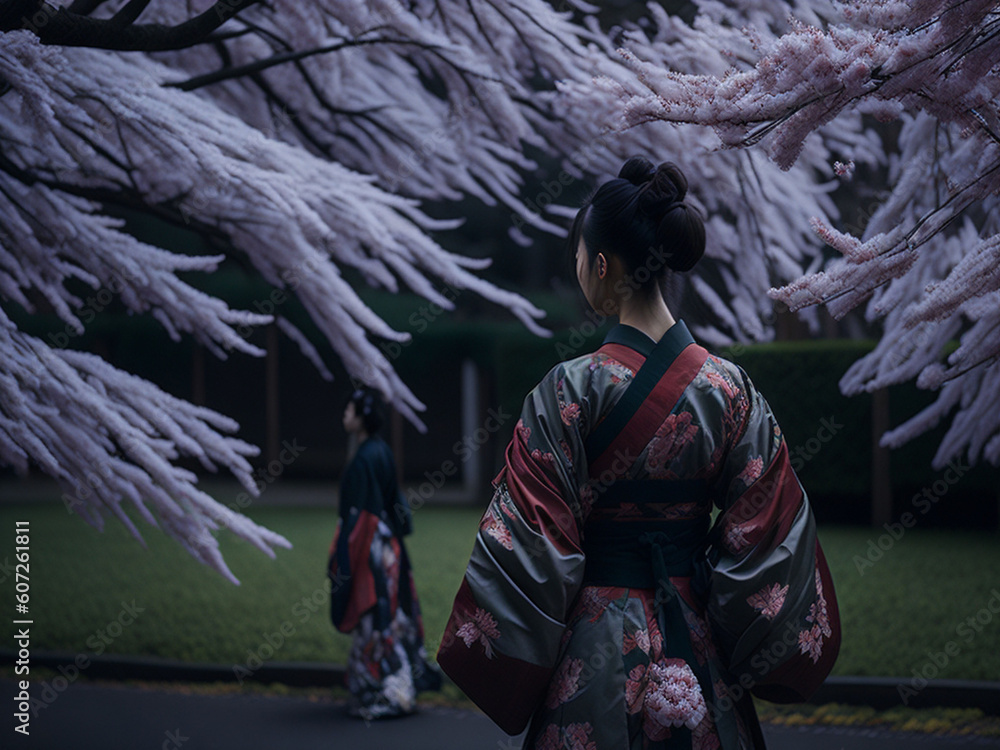 Japanese woman wearing a kimono in a cherry blossom garden. AI generated. Japanese woman wearing a kimono in a cherry blossom garden. AI generated.