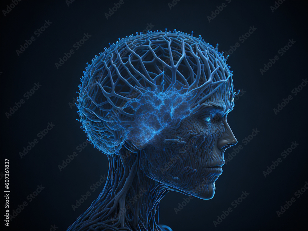 Human brain made of blue glowing lines on dark background. AI generated. Human brain made of blue glowing lines on dark background. AI generated.