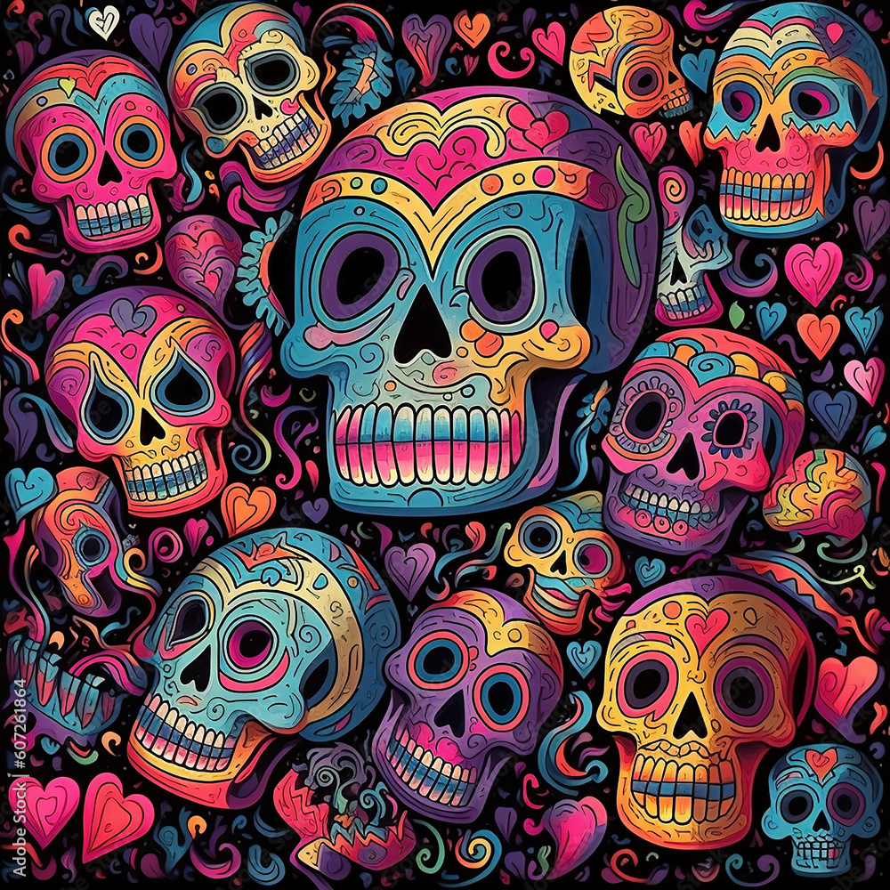 The day of the dead concept illustration with skulls, acoustic guitars, hearts, flowers in bold colors. Generative AI. The day of the dead concept illustration with skulls, acoustic guitars, hearts, flowers in bold colors. Generative AI.