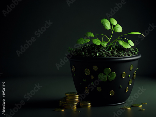Green shamrock with pot and gold manets. St. Patrick's concept. AI generated. photo