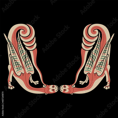Symmetrical animal design with two fantastic medieval dragons. Illuminated manuscript style. On black background.