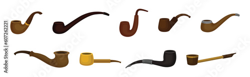 Tobacco Pipe with Chamber, Thin Hollow Stem and Mouthpiece Vector Set