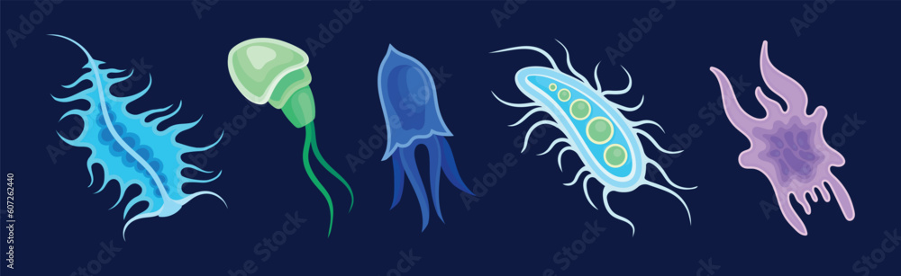 Plankton Water Organism with Tentacles Free Floating on Dark Background Vector Set - obrazy, fototapety, plakaty 