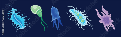 Plankton Water Organism with Tentacles Free Floating on Dark Background Vector Set