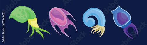 Plankton Water Organism with Tentacles Free Floating on Dark Background Vector Set