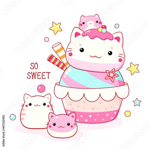 Cute cat-shaped dessert in kawaii style. Cake, muffin and cupcake with whipped cream and berry. Inscription So sweet. Can be used for t-shirt print, sticker, greeting card. Vector illustration EPS8