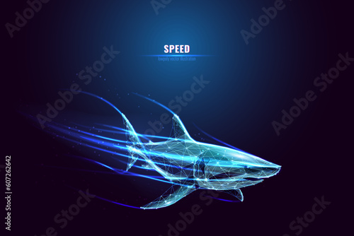 Abstract Great white shark in technological style. High Speed Concept. Polygonal shark swims underwater at high speed. Digital business. Low poly wireframe Vector illustration.