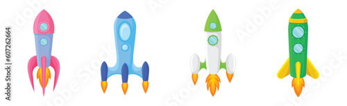 Bright Space Rocket Launching or Starting Up Vector Set