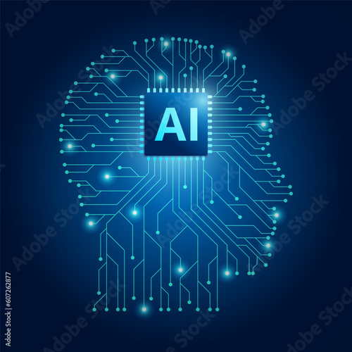 AI chip on a head-shaped circuit Concept background