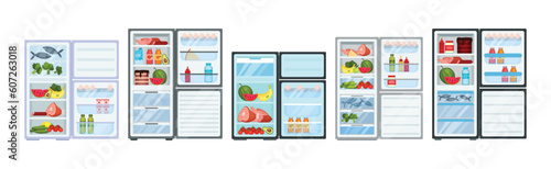 Open Refrigerator or Fridge as Home Appliance for Food Storage with Foodstuff Inside Vector Set