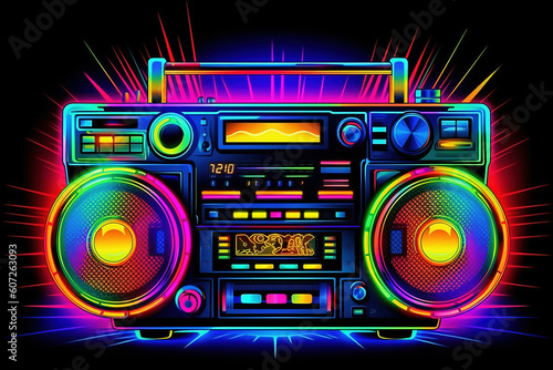 Neon psychedelic 1980s' style ghetto blaster with speakers and cassette player. Generative AI.