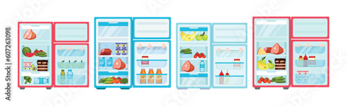 Open Refrigerator or Fridge as Home Appliance for Food Storage with Foodstuff Inside Vector Set