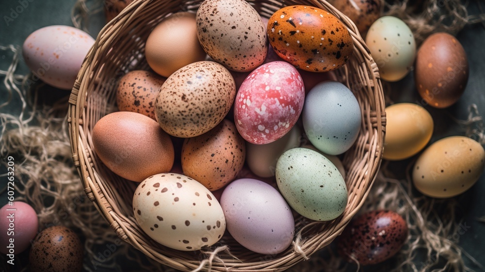 Easter background with Easter eggs in the basket Generative AI