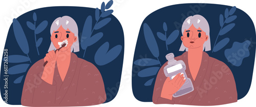 Cartoon vector illustration of woman brush her teeth and use mouthwashing liquid. During daily oral hygiene routine. Dental Health Concept
