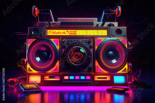 Neon psychedelic 1980s' style ghetto blaster with speakers and cassette player. Generative AI.