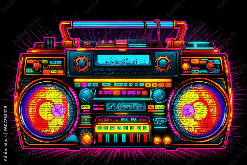 Fototapeta premium Neon psychedelic 1980s' style ghetto blaster with speakers and cassette player. Generative AI.