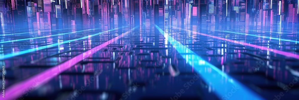 Fototapeta premium abstract futuristic background with pink blue glowing neon moving high speed wave lines and bokeh lights. Data transfer concept Fantastic wallpaper, Ai Generative