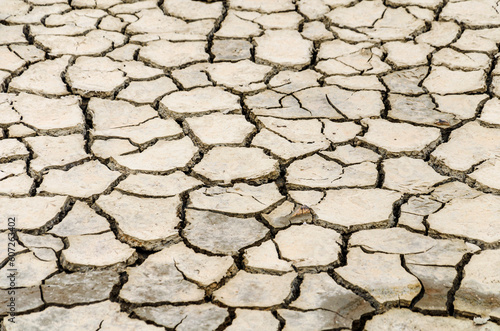 Close up of dry cracked earth on salt flats in Alykes, Greece with copy space, useful as a background