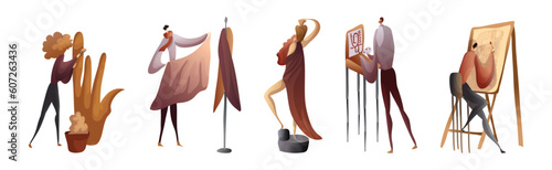 Creative Man and Woman Engaged in Artistic Creative Activity Vector Set