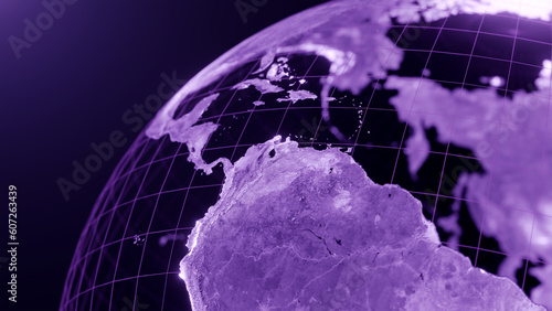 3D render of south america globe map, Technology and Futuristic purple line glowing Earth Background
