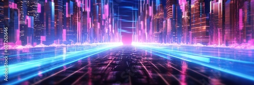 abstract futuristic background with pink blue glowing neon moving high speed wave lines and bokeh lights. Data transfer concept Fantastic wallpaper, Ai Generative © AKKA