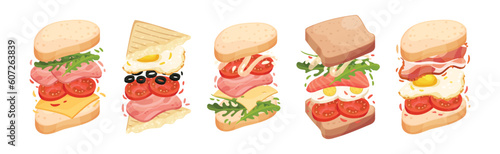 Sandwich with Ingredient Layers Between Bread Slices Vector Set