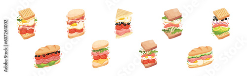 Sandwich with Ingredient Layers Between Bread Slices Vector Set