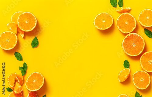 Creative background made of summer fruits with mint leaves, grapefruit, orange, lemon on bright yellow background. Many different citrus fruits on color background. Generative AI