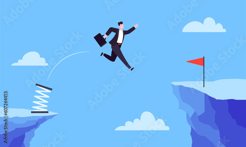 Businessman jumps over the abyss across the cliff flat style design vector illustration. Business concept of fearless businessman with huge courage. Risk, goal achievement, work obstacles and success.