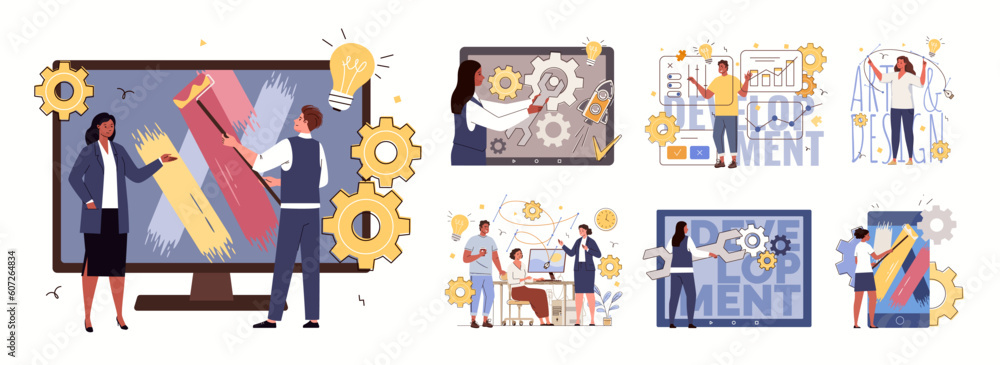 Web design and development illustration set. Characters of modern businessmen - graphic designers and software developers, sites. Vector flat cartoon. Web design and development illustration set. Characters of modern businessmen - graphic designers and software developers, sites. Vector flat cartoon.