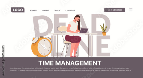 Deadline concept. Tired female manager finishes work late. Bad time management. Website, template, landing. Vector characters flat cartoon illustration.