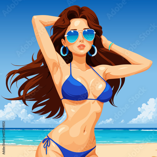 Beautiful young girl in blue swimsuit on the beach. Vector illustration