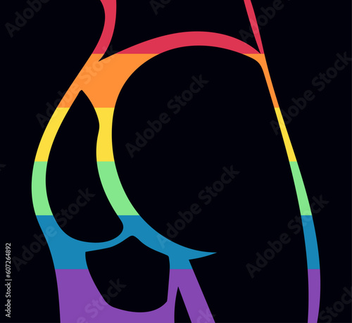 One line silhouette of a female buttocks in rainbow colors. The illustration can be used as a poster, sticker, print.
